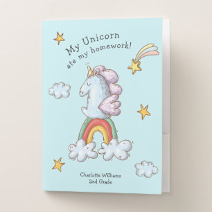 Cute Whimsical Unicorn Ate My Homework Kids Pocket Folder
