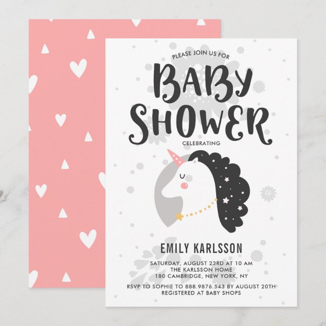 Cute & Whimsical Unicorn Baby Shower Invitation I (Front/Back)