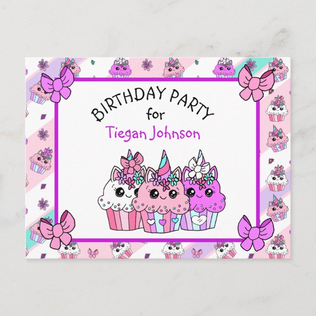 Cute Whimsical Unicorn Cupcake Birthday Invites (Front)