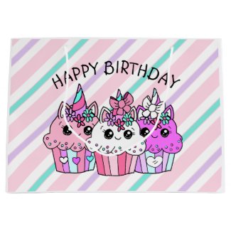 Cute Whimsical Unicorn Cupcake Birthday Large Gift Bag