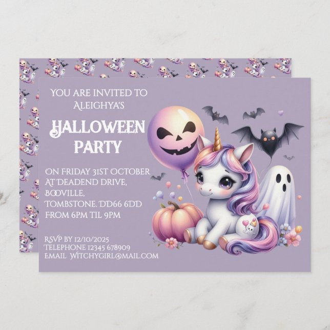 Cute Whimsical Unicorn Halloween Party  Invitation (Front/Back)