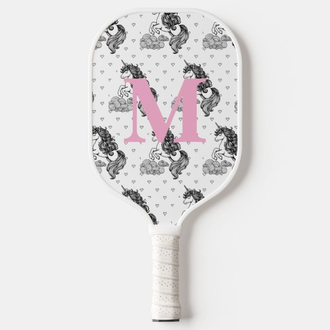Cute Whimsical Unicorn Pattern Kids Monogram Pickleball Paddle (Front)