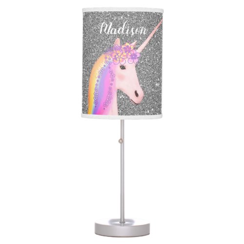 Cute Whimsical Unicorn Silver Glitter Personalized Table Lamp