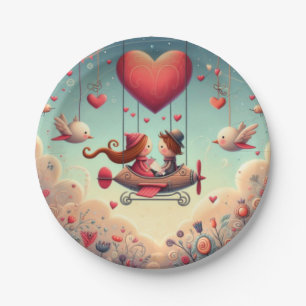 Cute whimsical Valentine's Day heart plane Paper Plates