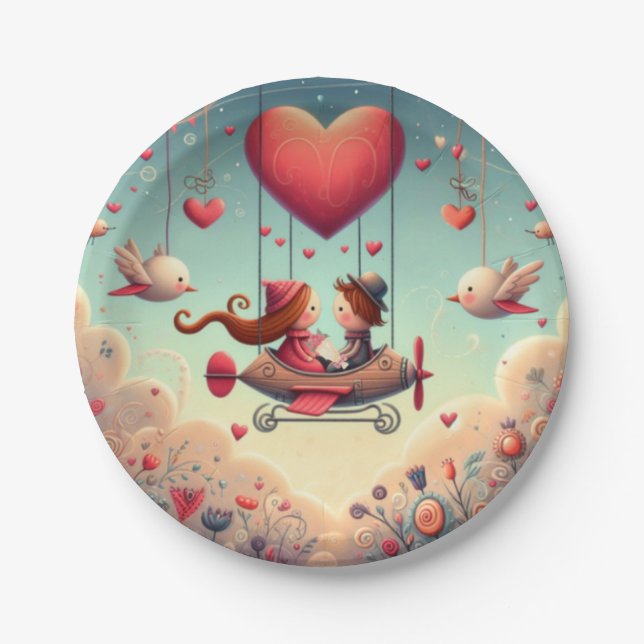 Cute whimsical Valentine's Day heart plane Paper Plates (Front)
