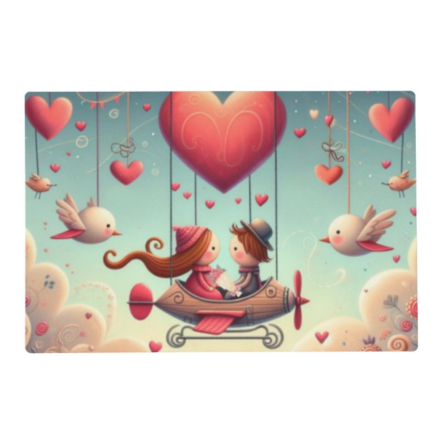 Cute whimsical Valentine's Day heart plane Placemat (Front)