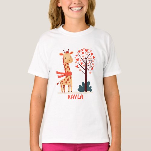Cute Whimsical Valentines Giraffe with Hearts tree T_Shirt