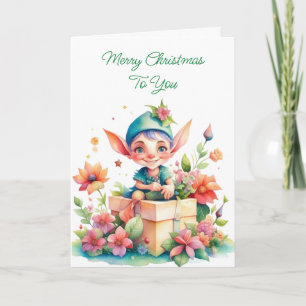 Cute Whimsical Watercolor Christmas Elf Card