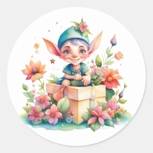 Cute Whimsical Watercolor Christmas Elf Classic Round Sticker