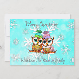 Cute Whimsical Watercolor Christmas Owls Holiday Card