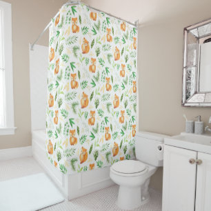 Cute Whimsical Watercolor Fox Green Leaves Shower Curtain