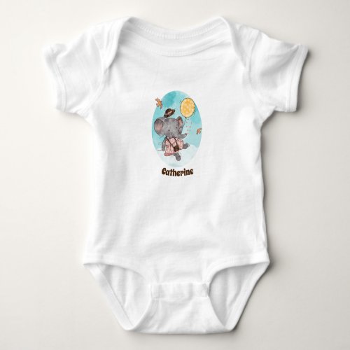 Cute Whimsical Watercolor Girl Elephant Baby Bodysuit