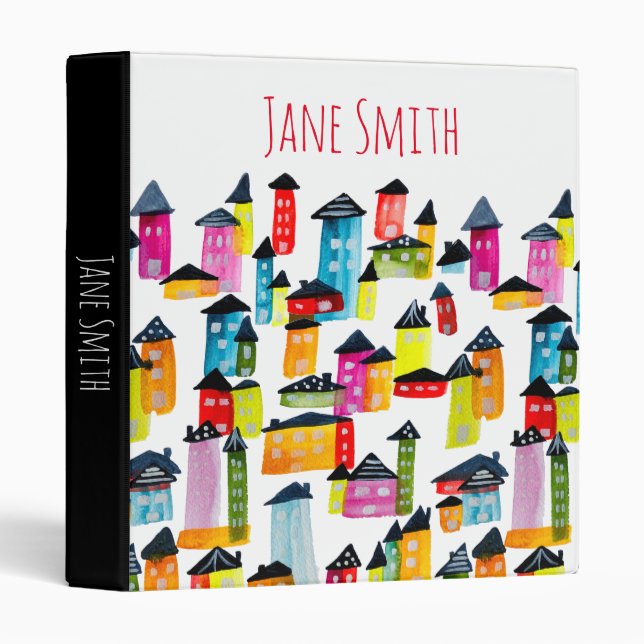 Cute whimsical watercolor houses 3 ring binder (Front/Spine)