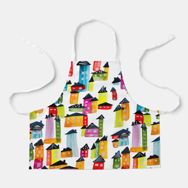 Cute whimsical watercolor houses apron (Front)