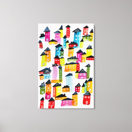 Cute whimsical watercolor houses canvas print