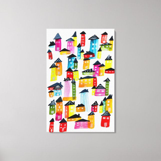 Cute whimsical watercolor houses canvas print (Front)