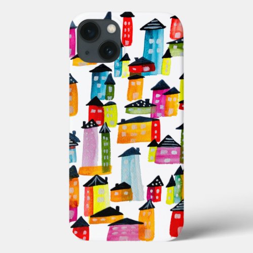 Cute whimsical watercolor houses iPhone 13 case