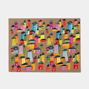 Cute whimsical watercolor houses doormat