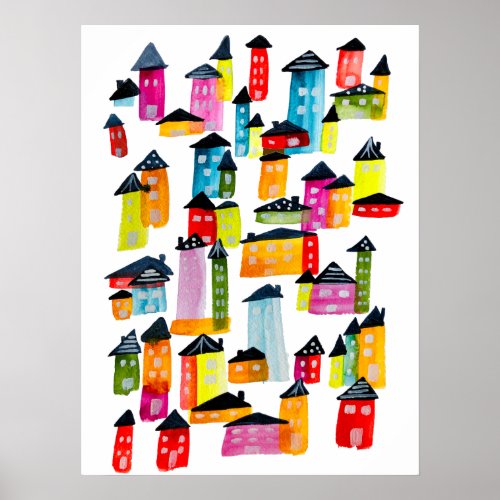 Cute whimsical watercolor houses poster