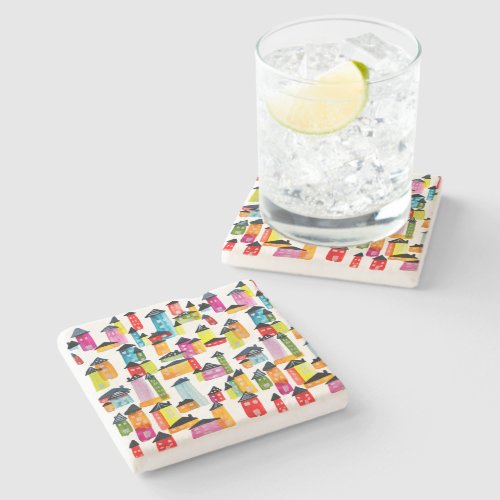 Cute whimsical watercolor houses stone coaster