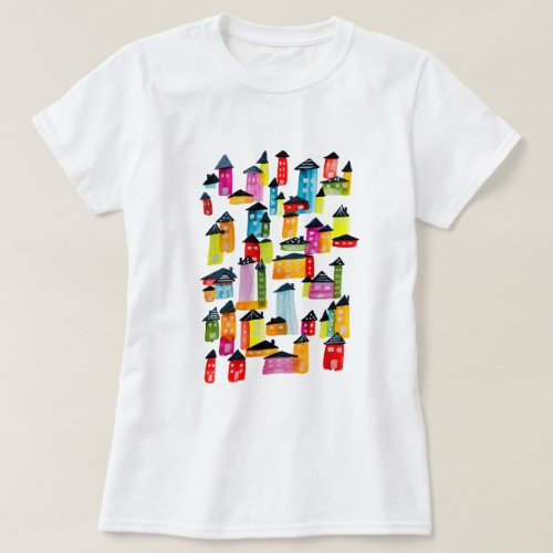 Cute whimsical watercolor houses T_Shirt