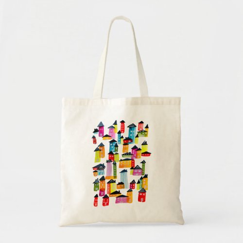 Cute whimsical watercolor houses tote bag
