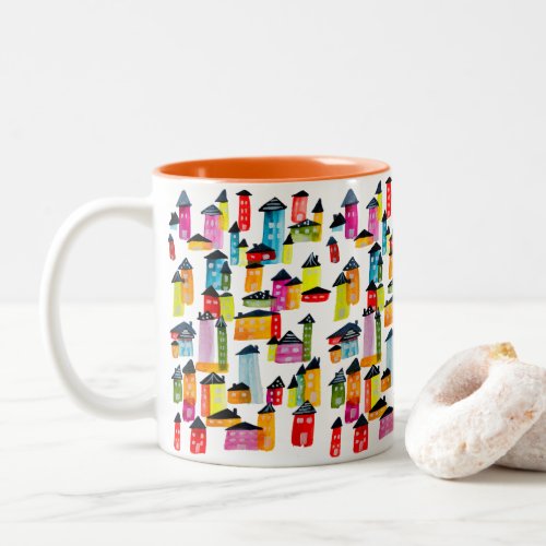 Cute whimsical watercolor houses Two_Tone coffee mug