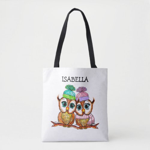 Cute whimsical Watercolor Owls Personalized Tote Bag