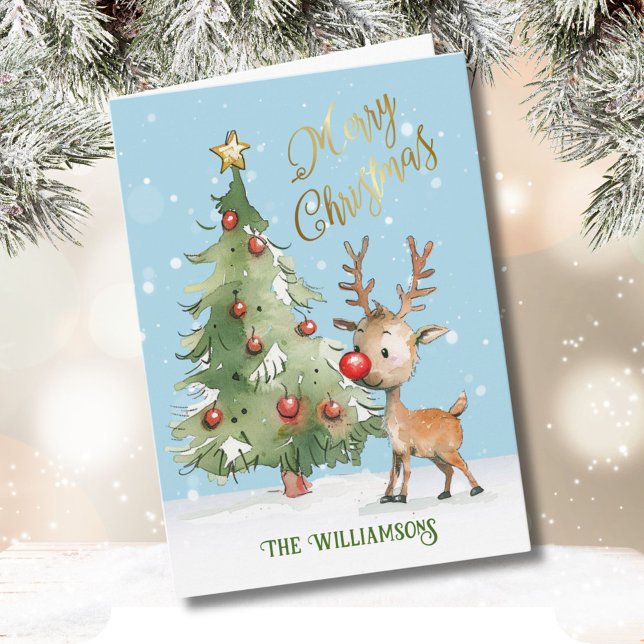 Cute Whimsical Watercolor Reindeer Christmas Tree  Card (Creator Uploaded)