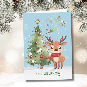 Cute Whimsical Watercolor Reindeer Christmas Tree Card