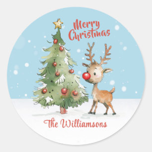 Cute Whimsical Watercolor Reindeer Christmas Tree Classic Round Sticker