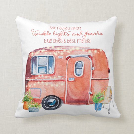 Cute Whimsical Watercolor Retro Vintage Camper Throw Pillow
