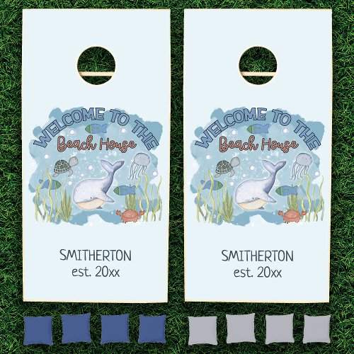 Cute Whimsical Welcome to Beach House Family  Corn Cornhole Set