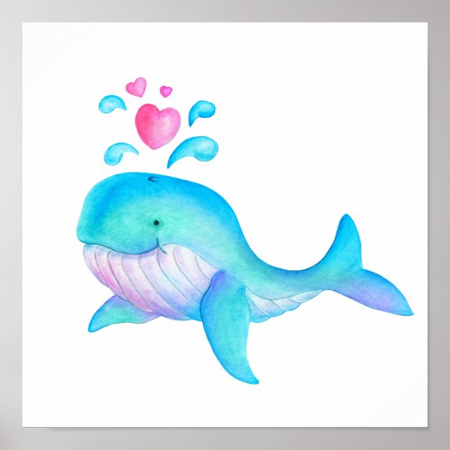 Cute whimsical whale heart spurt kids nursery art poster (Front)