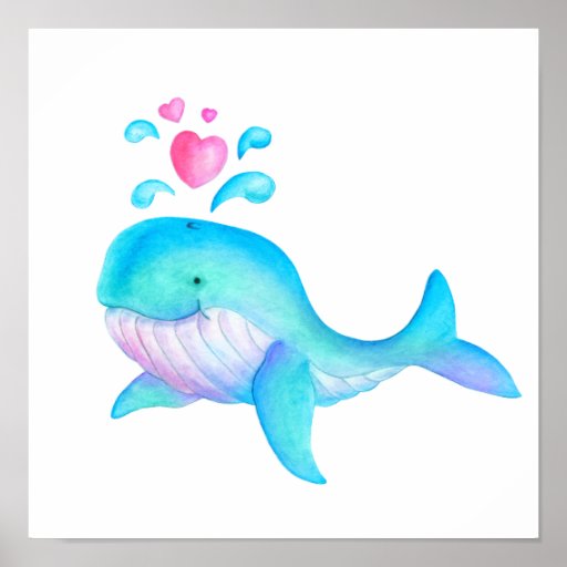 Cute whimsical whale heart spurt kids nursery art poster | Zazzle