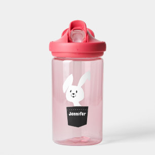 Cute Whimsical White Bunny Kids Name Cartoon Water Bottle