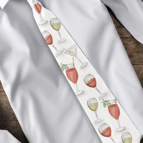 Cute Whimsical Wine Watercolor Cocktail Drinks Fun Neck Tie
