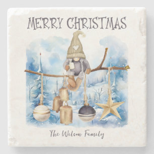 Cute Whimsical Winter Lady Gnome Merry Christmas Stone Coaster