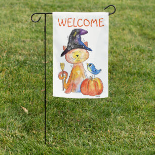 Cute Whimsical Witch Cat with Pumpkin Garden Flag