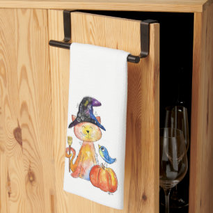 Cute Whimsical Witch Cat with Pumpkin Kitchen Towel