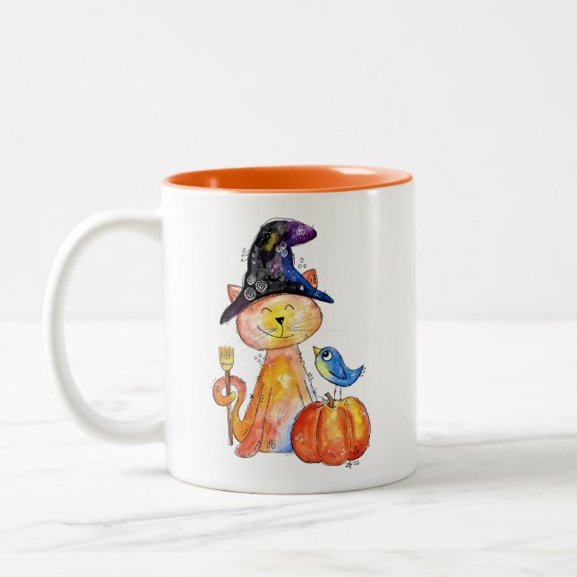 Cute Whimsical Witch Cat with Pumpkin Two-Tone Coffee Mug (Left)