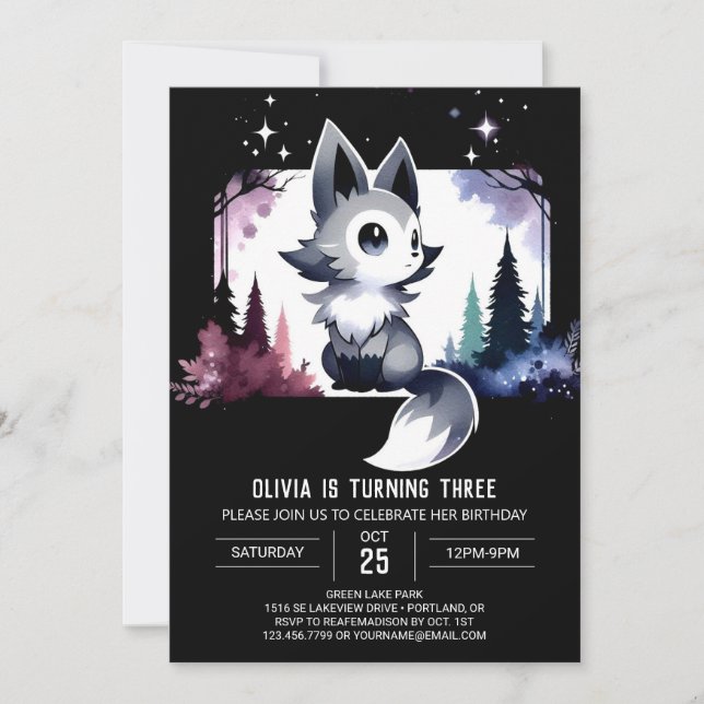 Cute Whimsical Wolf Birthday Invitation (Front)