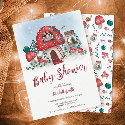 Cute whimsical woodland fairy mushroom baby shower invitation