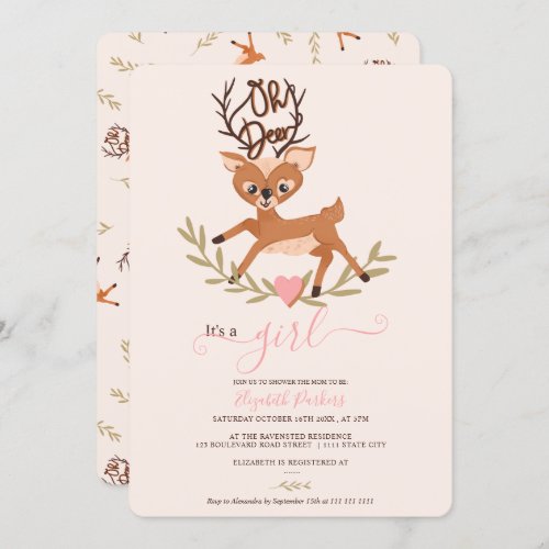 Cute whimsical woodland leaf oh deer baby shower  invitation