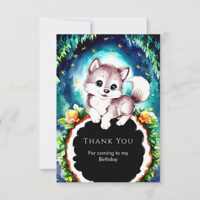 Cute Whimsical Woodland Wolf Birthday Thank You Card (Front)