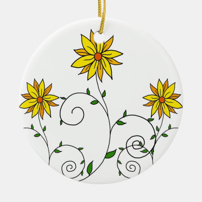 Cute Whimsical Yellow Flowers Doodle Art Ceramic Ornament (Front)