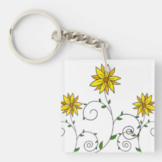 Cute Whimsical Yellow Flowers Doodle Art Keychain