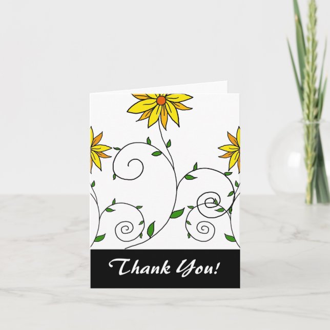 Cute Whimsical Yellow Flowers Doodle Art Thank You Card (Front)