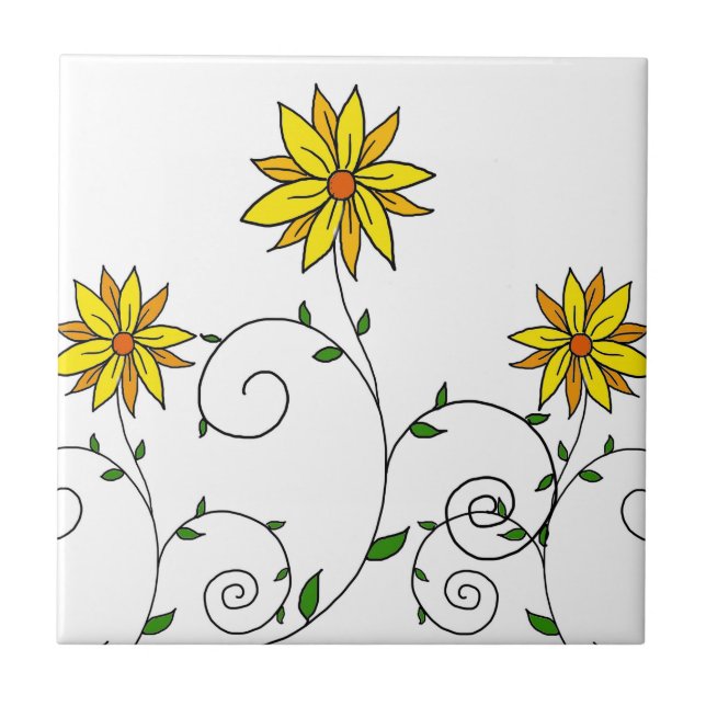 Cute Whimsical Yellow Flowers Doodle Art Tile (Front)