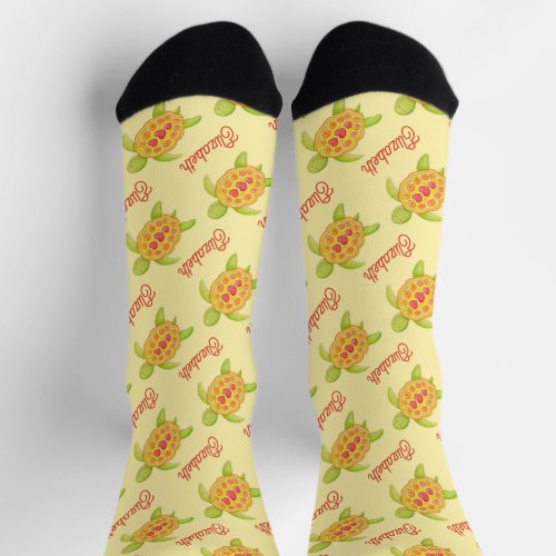 Cute whimsical yellow red heart turtle custom name socks